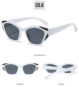 Multi-angle view of white cat-eye sunglasses with gray lenses and black stud details