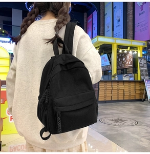Detail of black corduroy backpack showing vertical ribbed texture and zipper on model back