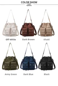 Detailed color display of large nylon bucket bags in six different casual worker styles