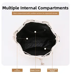 Detailed interior of nylon bucket bag showing main pocket, zipper bag and inner pockets