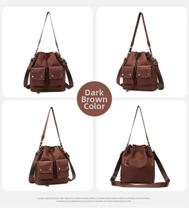 Detailed views of dark brown nylon bucket bag with drawstring closure and front pockets