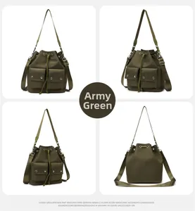 Army green nylon bucket bag featuring front utility pockets and adjustable strap details