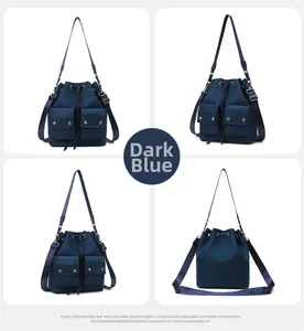 Four-view detail of dark blue nylon bucket bag with drawstring and front utility pockets