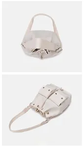 Top and side view of off-white multi-pocket nylon shoulder bag with drawstring closure