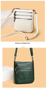 Detailed macro of the multi-zipper leather crossbody bag with floral embossed patterns