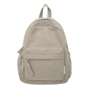 Large capacity beige corduroy backpack with woven rope zipper and side woven label