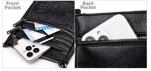Detailed view of black embossed rose bucket bag with multi-layer zipper storage pockets