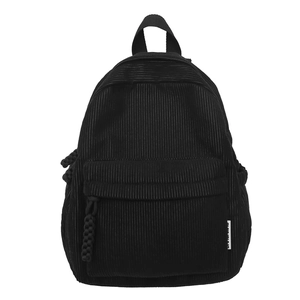 Minimalist black corduroy backpack with large capacity and woven zipper pulls