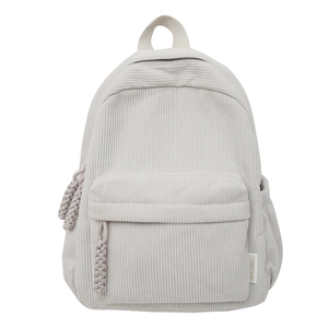 Minimalist light gray corduroy backpack with large capacity and soft vertical texture