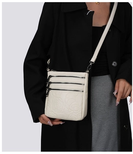 Detail of off-white crossbody bucket bag with embossed rose and triple zipper design