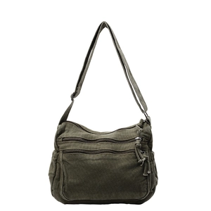 Versatile dark green canvas tote bag with multi-zipper layers and adjustable shoulder strap