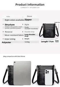 Detailed sizing chart and capacity comparison of the embossed floral crossbody bag