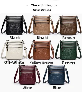 Detail showing eight available colors of the rose embossed bucket bags with triple zippers