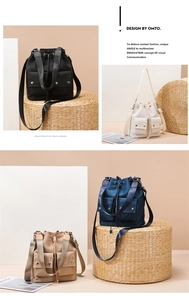 Detail of four-color nylon drawstring bucket bags with adjustable straps and front pockets