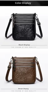 Detail of embossed floral patterns and triple zipper pockets on leather crossbody bags