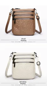 Detail of embossed floral texture and multiple zipper pockets on women's shoulder bags