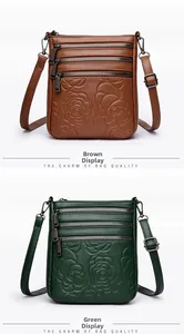 Detail of embossed floral leather bags with multiple zippers in brown and green