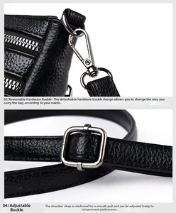 Detail of silver swivel hook and adjustable metal buckle on black pebble leather bag