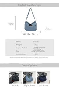 Detailed size chart for retro denim crossbody bag with dimensions and color options