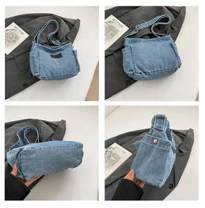 Multi-angle views of denim shoulder bag with adjustable straps and metal buttons