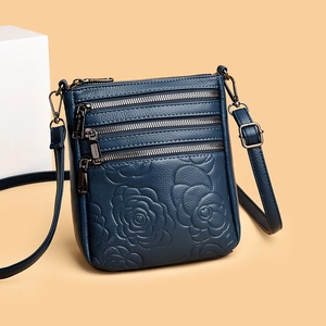 Dark blue embossed rose bucket bag with multiple zippers and adjustable shoulder strap