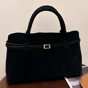 Classic black suede tote bag with decorative silver buckle belt and dual handles