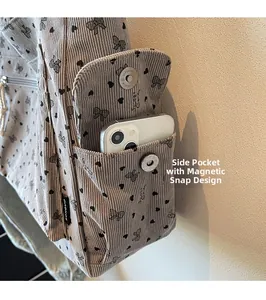 Detail of corduroy tote side pocket with magnetic closure and bow pattern