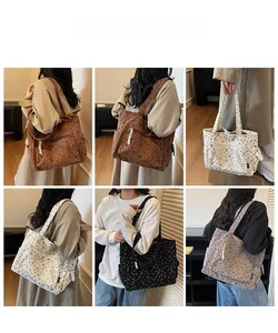 Collage of corduroy tote bags with bow prints in brown, beige, black, and grey colors