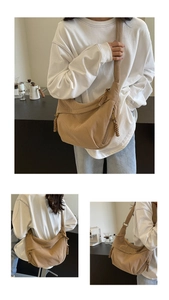 Détails du sac demi-lune en velours côtelé kaki avec texture rayée et zip à nœud tressé