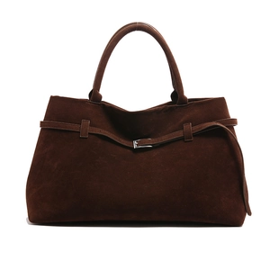 Retro dark brown frosted leather large capacity tote bag with buckle detail