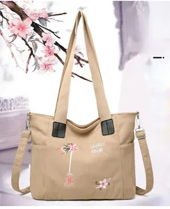 Close-up of khaki corduroy tote bag featuring pink floral embroidery and sturdy stitching
