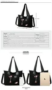 Detailed view of black corduroy tote bag with floral embroidery and size specifications