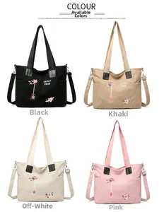 Detailed comparison of multi-color corduroy tote bags with floral embroidery and strap