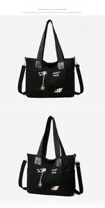 Detailed views of black corduroy tote bag with pink floral embroidery and removable strap