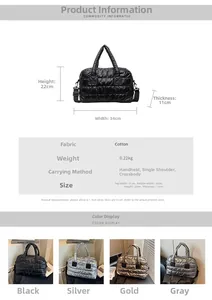Quilted fitness bag details with dimensions and four metallic color options displayed