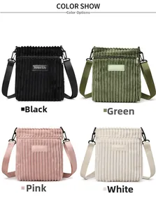 Corduroy crossbody bags shown in four colors: black, green, pink, and white styles