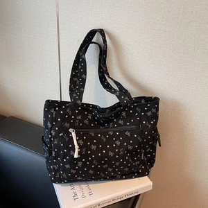 Retro black corduroy tote bag with white bow heart prints and front zipper pocket