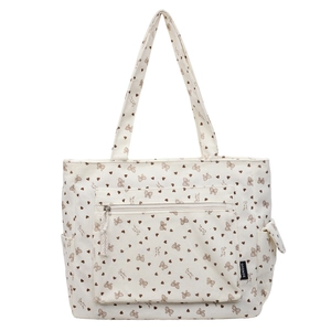 Retro corduroy tote bag with floral bow print and functional side pockets in beige