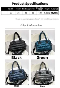 Detailed size chart and color options for the quilted nylon puffer tote bag