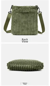 Detail view of the back and bottom of the olive green corduroy crossbody bag