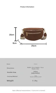 Brown suede waist bag detail showing dual zippers and dimensions with bohemian strap