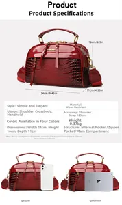 Sac à main rouge motif crocodile avec comparaison de taille smartphone et tablette