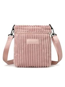 Detail of pink corduroy crossbody bag with metal zipper and Perfect Lily logo patch