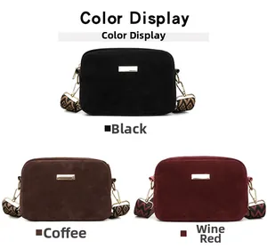 Suede cross-body bags in black, coffee, and wine red with geometric patterned wide straps