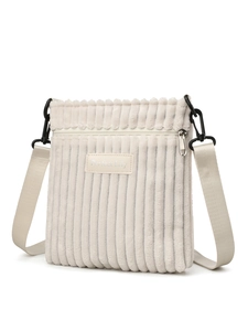 Close-up of cream corduroy crossbody bag featuring a front zipper pocket and logo patch