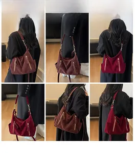 Multiple views of a large velvet tote bag showing crossbody and shoulder carrying styles