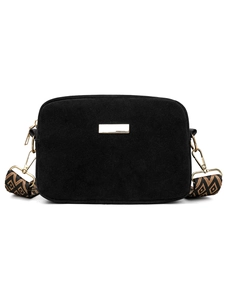 Detail of black suede camera bag with gold hardware and ethnic geometric strap