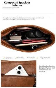 Detail of spacious leather bucket bag interior with multiple compartments for iPad and phone