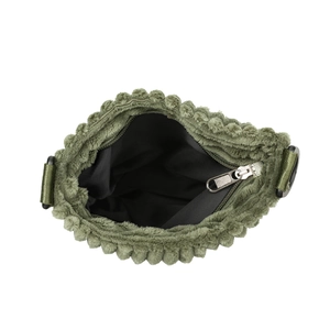 Army green corduroy crossbody bag with bubble texture and metal D-rings on white background