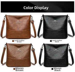 Comparison of textured woven and smooth leather bucket bags in brown and black options